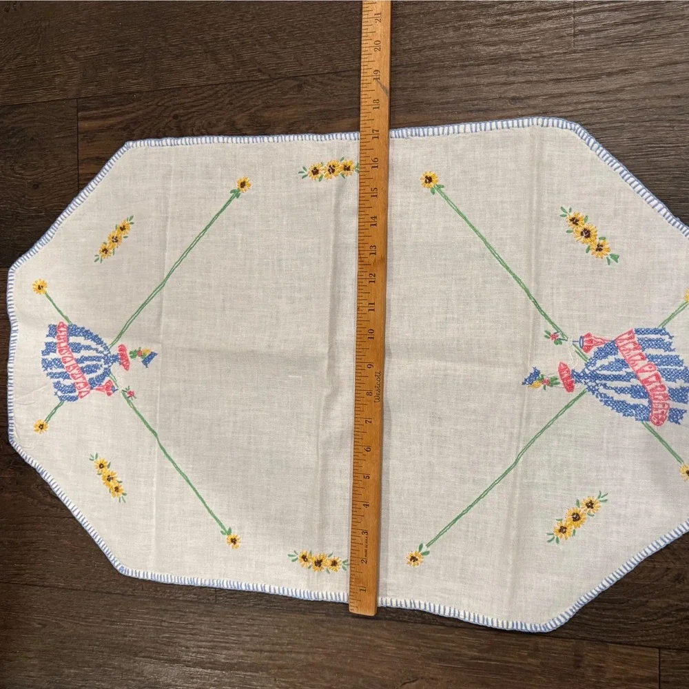 Vintage 17X34 Embroidered Table Runner Crinoline Lady Sunflower White Linen Blue